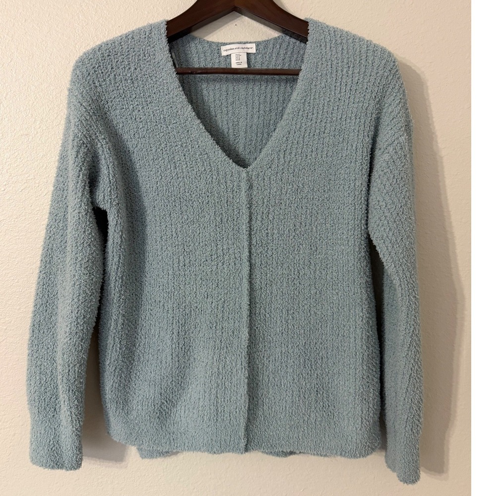 Cupcakes and Cashmere Fuzzy V Neck‎ Long Sleeve Sweater Blue Green Size Small